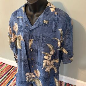 90s Hawaiian Tropical Silk Button Up Flower Shirt Blue Large